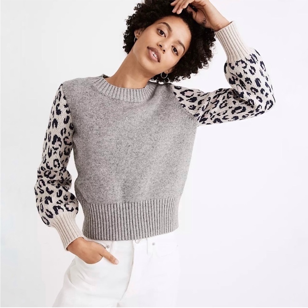 Madewell Tensley Leopard Sleeve Sweater Gray Leopard Sleeve Size L Preloved